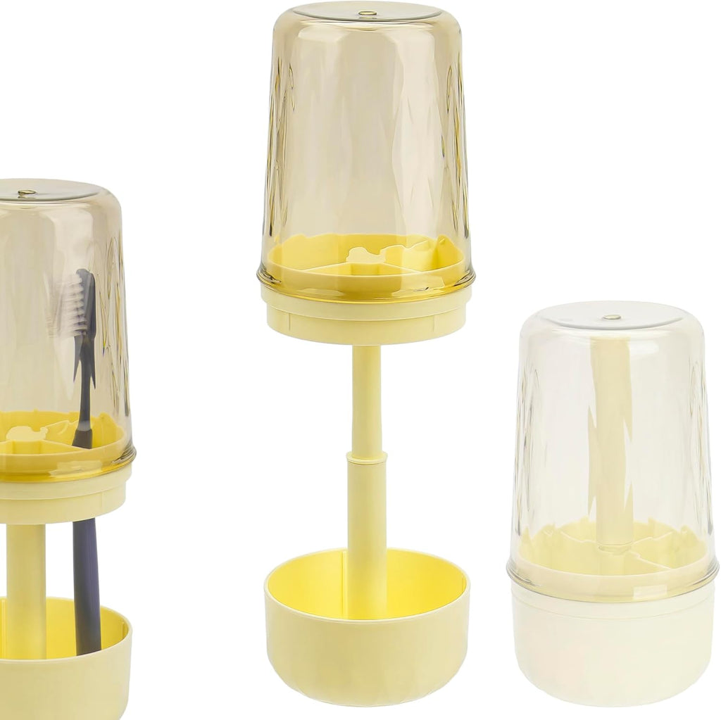 Toothbrush Holder Stand with Cup/Cover, Adjustable Height Toothbrush Organizer with 3 Slots, Portable for Bathroom, Travel, Camping (Yellow)