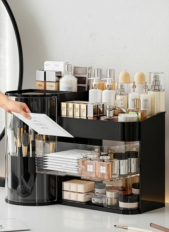 Makeup Organizer with Rotating Brush Holder Cosmetic Organizer with Drawers Countertop Skincare Organizer for Vanity,Cosmetic Display Case Storage (Black, Large)