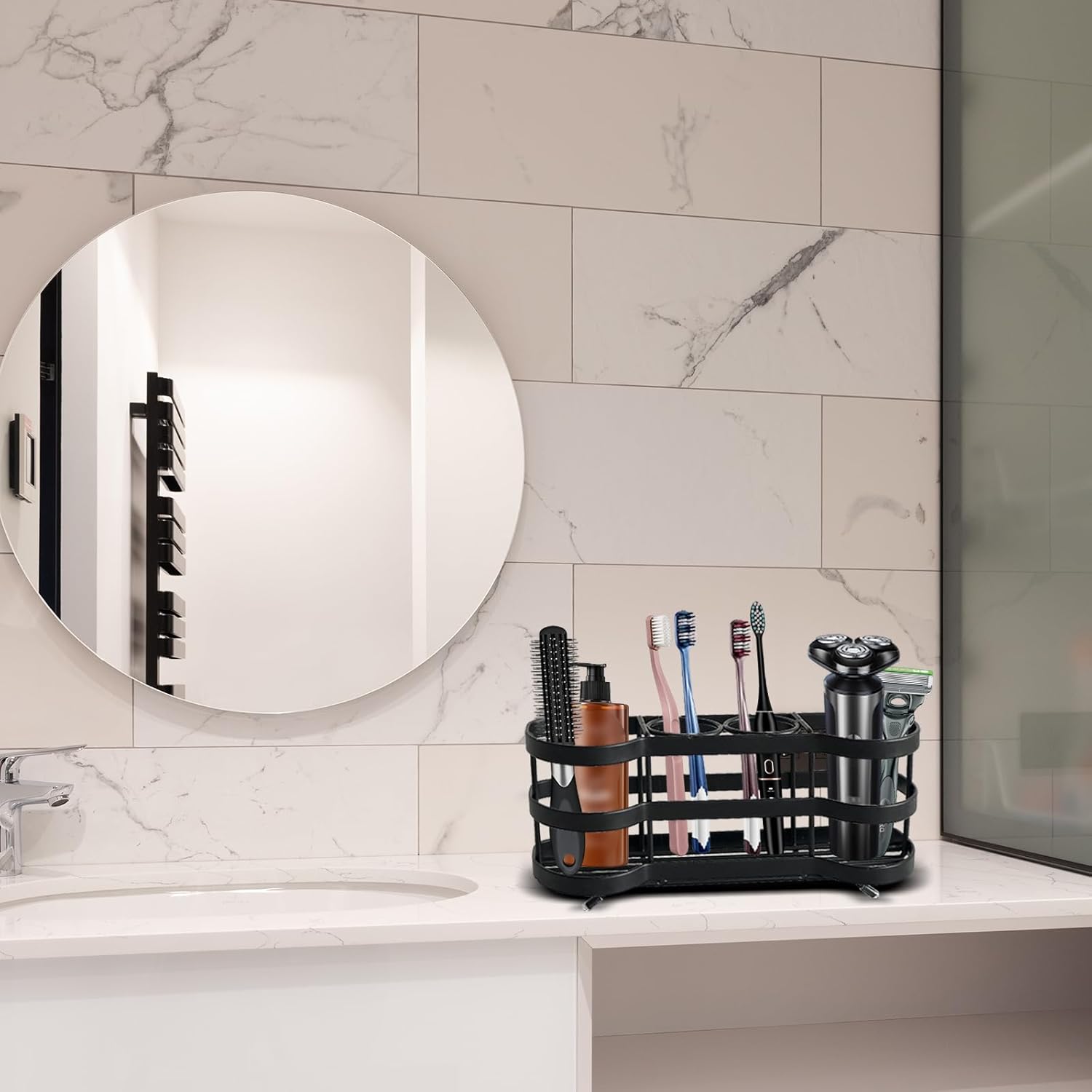 Wall Mount Toothbrush Holder for Shower Stainless Steel Toothbrush Stand, Self-Adhesive Wallmount/Countertop 4 Slots Bathroom Accessories Organizer (Black 1)