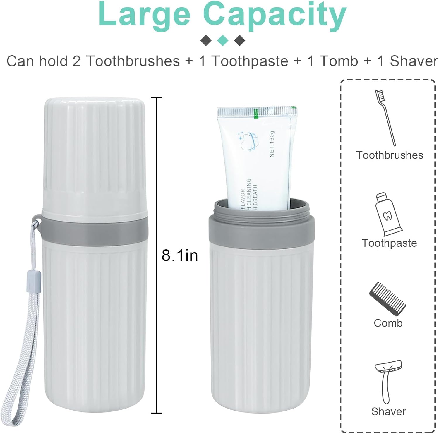 Mulbozy Travel Toothbrush Holder, Large Travel Toothbrush Cup Case, Portable Travel Toothbrush Toothpaste Makeup Storage for Business Trip Camping School - Gray