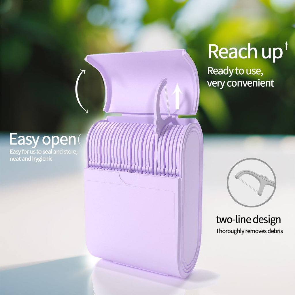 Generic Floss Dental Picks Travel Case 2 Box，104 Double Line Flosser Included-Mint-Flavored-Bilateral Storage Dental Floss Sticks and Toothpick Container,Oral Hygiene Essential., Purple