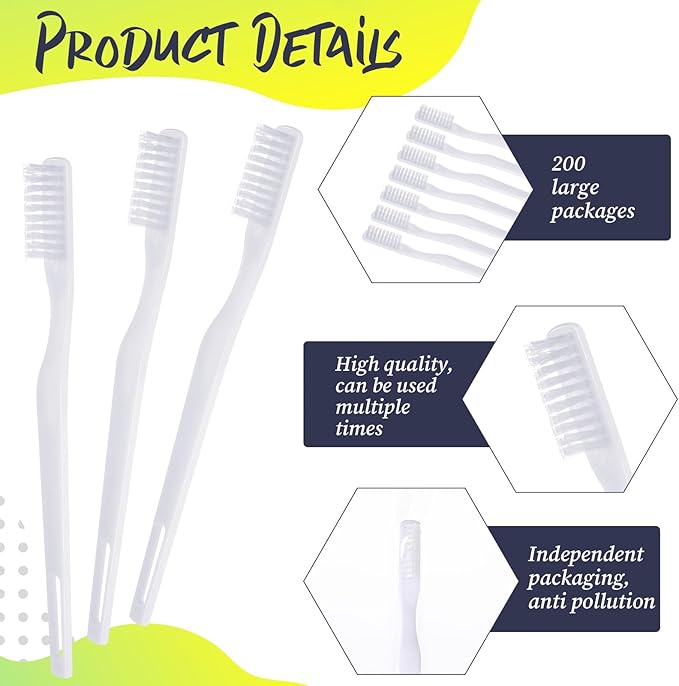 200 Pack Disposable Toothbrushes, Individually Wrapped Toothbrushes Soft Bristle Tooth Brush Single Use Toothbrush Bulk White Toothbrush for Adult Home Hotel Guest Camp Travel