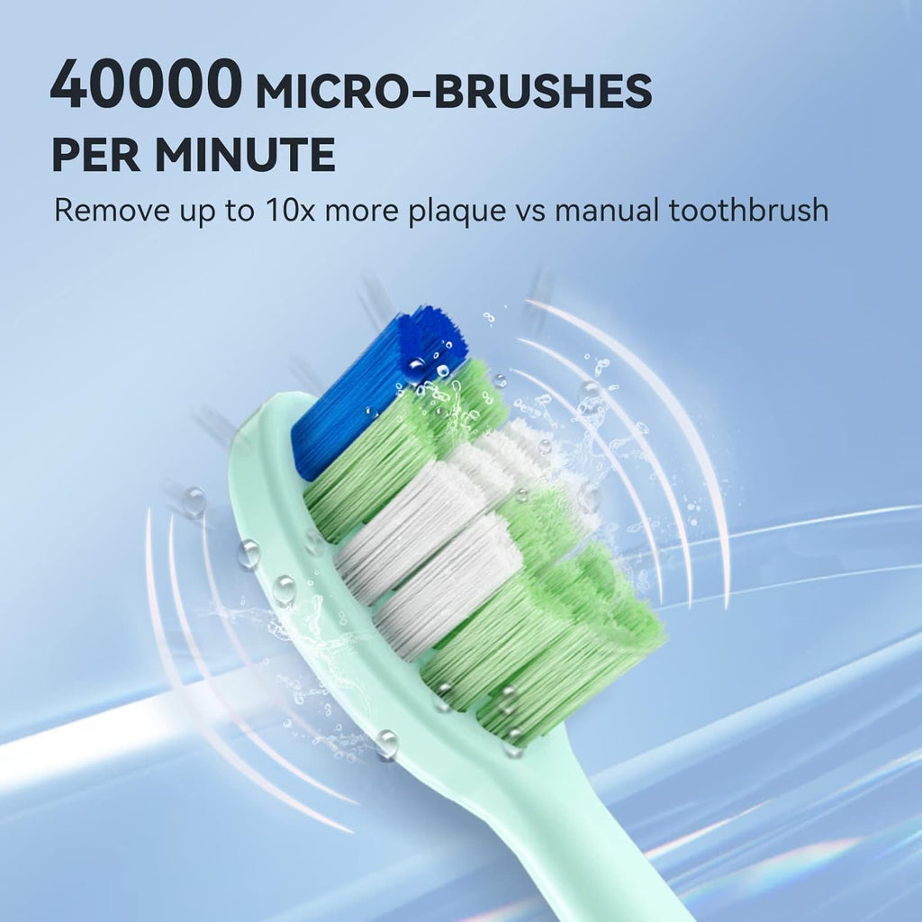 JTF Sonic Electric Toothbrush - with 6 Brush Heads and Travel Case, Power Toothbrushes Fast Charging for 60 Days Use, 5 Modes Adult Electronic Toothbrush, Green