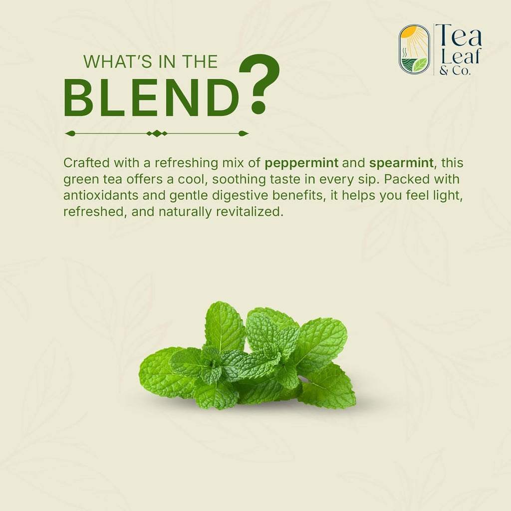 Tea Leaf & Co. Mint Green Tea Bags (50), Green Tea w/ Peppermint & Spearmint, Caffeinated, Real & Natural Green Tea, Blended with Fresh Herbs & Spices