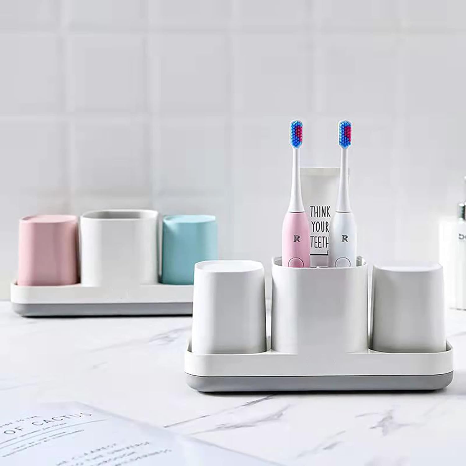 Toothbrush Holder for BathroomToothbrush Cup, Kids Toothbrush Holder with Bathroom Cup, Electric Toothbrush Toothpaste Holder and Bathroom Accessories Storage, Pink & Blue