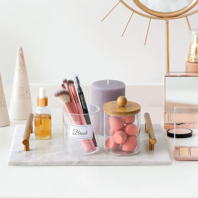 2 Pack Qtip Holder Dispenser with Bamboo Lids - 10 oz Clear Plastic Apothecary Jar Containers for Vanity Makeup Organizer Storage - Bathroom Accessories Set for Cotton Swab, Ball, Pads, Floss