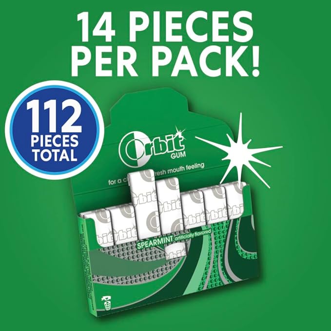 ORBIT Spearmint Sugarless Chewing Gum Bulk, 8 Packs of 14-Pieces, Case of 6 (672 Total Pieces)