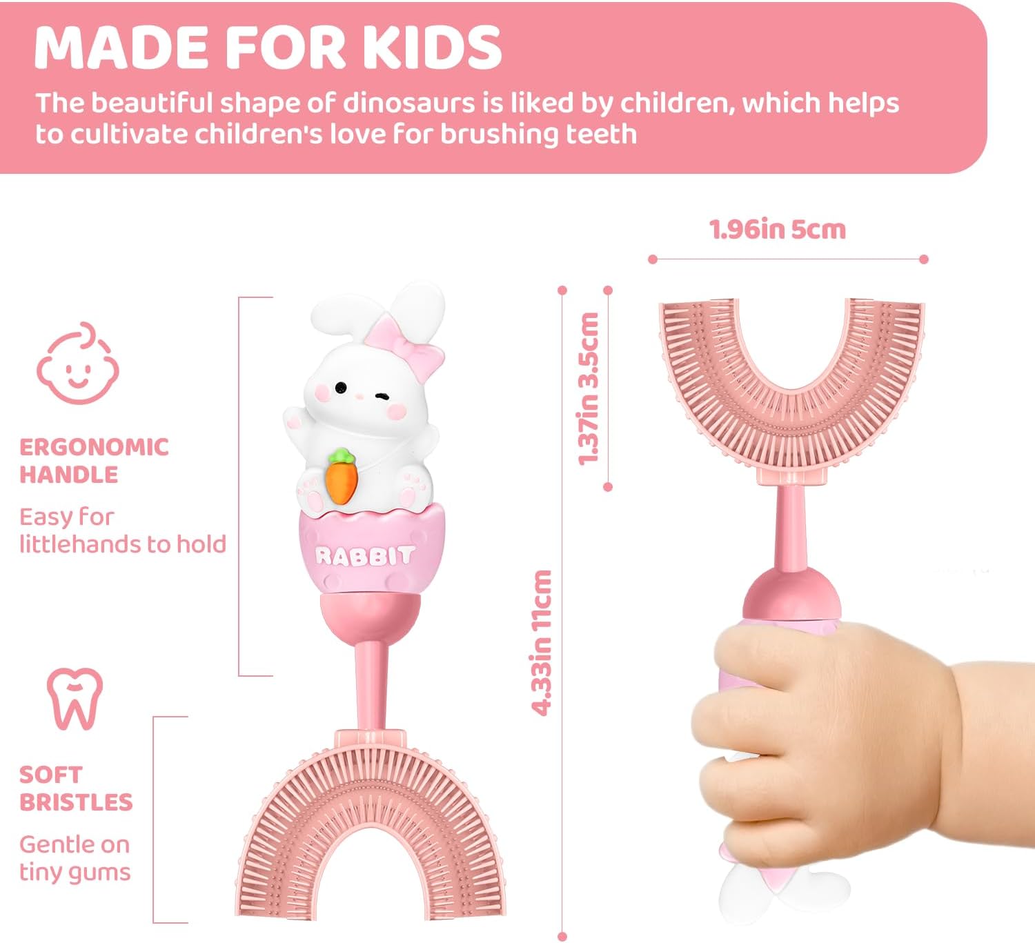 U-Shaped Toothbrush for Kids Ages 2-7，Soft Food-Grade Silicone for Sensitive Gums，360° Teeth Cleaning Design，Training & Travel-Friendly Toddler's Toothbrush (Pink)