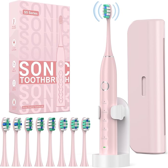 Rtauys S5 Sweeping Electric Toothbrush - Rechargeable Electric Toothbrushes with 8 Heads, Power Electric Toothbrush with Holder, 2.5 Hours Charge for 45 Days Battery Life - Pink