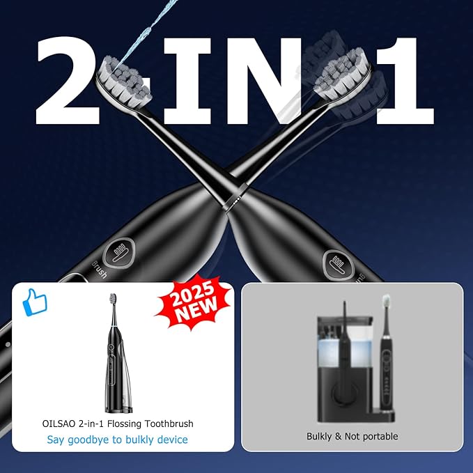 Electric Toothbrush with Water Flosser, 3 Sonic Modes, 5 Flossing Speeds with 3 Brushes + 1 Nozzle, Portable Flossing Toothbrush Combo for Adults Teeth Cleaning Kit for Plaque Removal,Black
