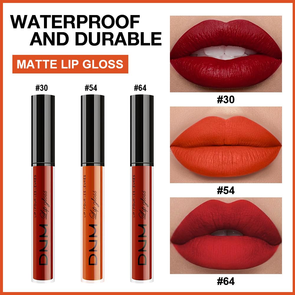 3Pcs Matte Liquid Lipstick Set, Long Lasting Waterproof Non-Transfer Lip Gloss, brick red Classic Red Lip Stain Kit for Women, Lip Stain Long Lasting 24 Waterproof Gift Makeup for Women Lippies
