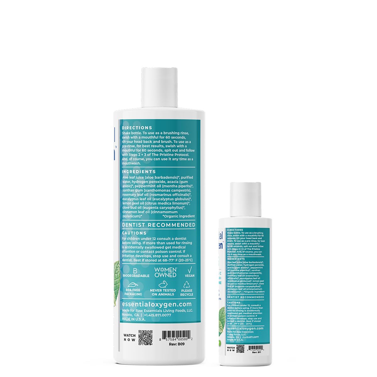 Essential Oxygen, Certified Organic Brushing Rinse, Combo, Peppermint, All Natural mouthwash, Dentist Recommended, Alcohol-Free Oral Care, 1 - 3 fl oz bottle and 1 - 16 fl oz bottle, BR (Pack of 2)