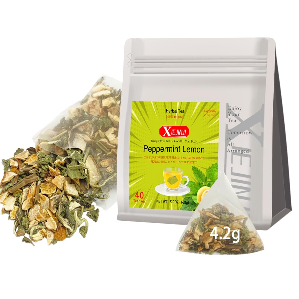 XIEJINJI Peppermint Lemon Tea Bags, 4.2g x 40 Count (5.9 oz), 100% Natural Lemon & Peppermint Leaves, No Flavoring - No Additives - Caffeine Free, Eco-Conscious Pyramid Clear Filter Teabag