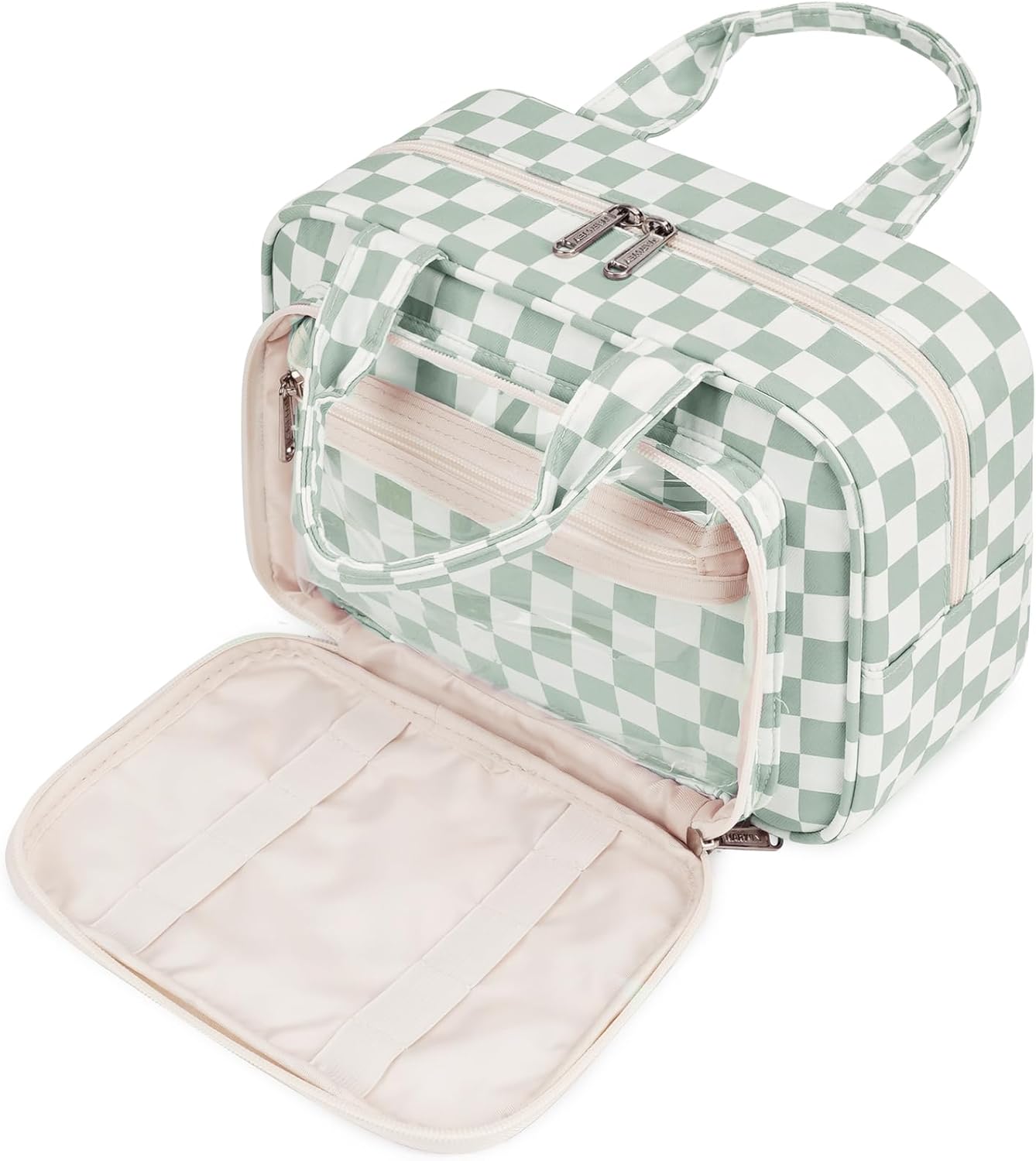 Narwey Large Travel Toiletry Bag for Traveling Women, Cosmetic Makeup Bag Make Up Organizer, Checkered Travel Bag for Toiletries with Handle (Mint Green Checkerboard)