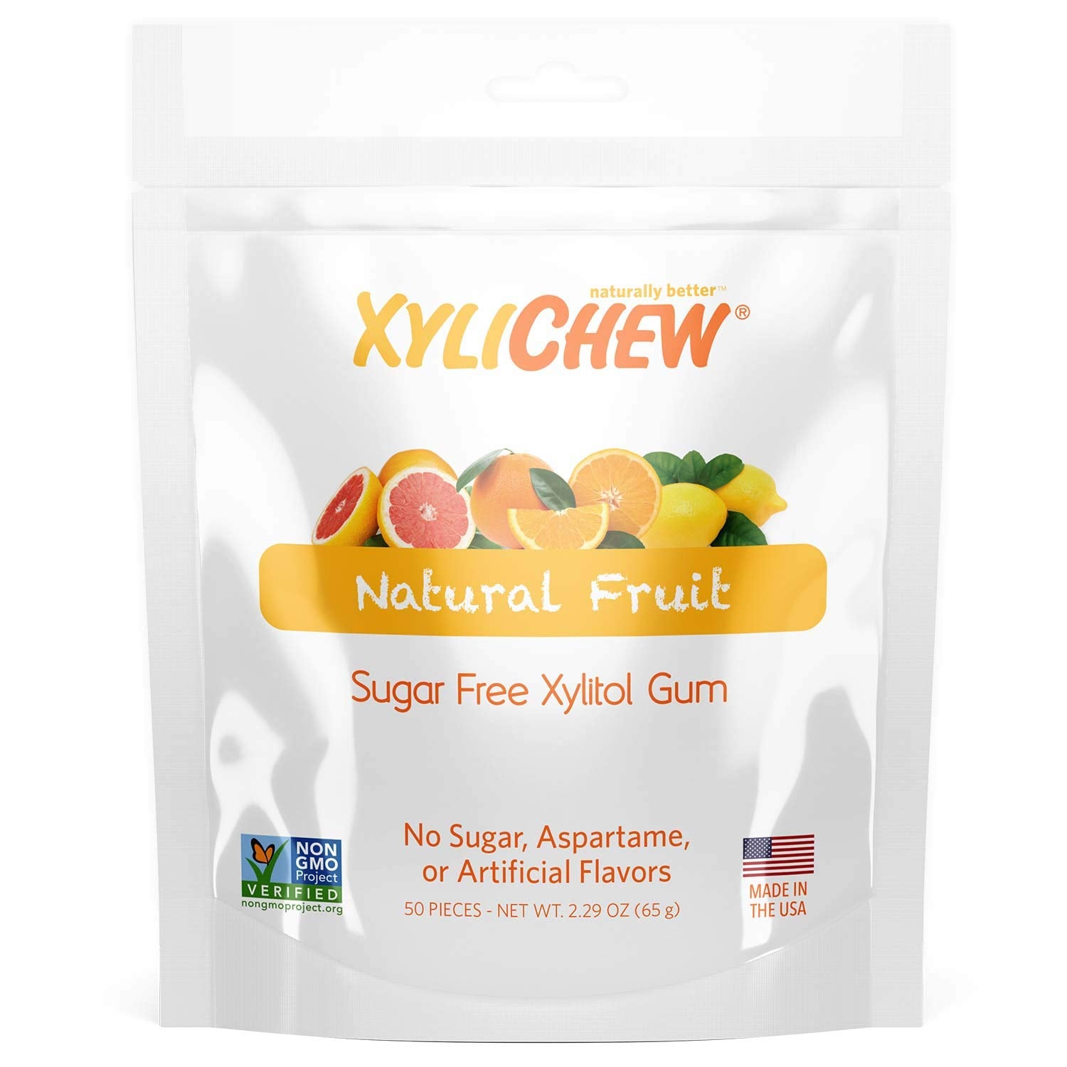 Xylichew 100% Xylitol Chewing Gum - Non GMO, Non Aspartame, Gluten Free, and Sugar Free Gum - Natural Oral Care, Relieves Bad Breath and Dry Mouth - Fruit, 50 Count