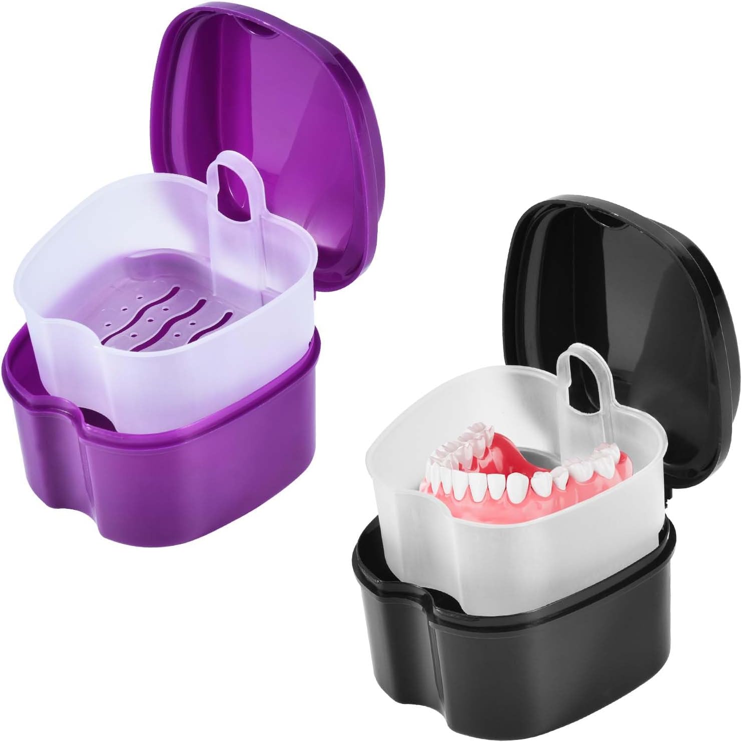 2 Pack Colors Denture Bath Case Cup Box Holder Storage Soak Container with Strainer Basket for Travel Cleaning (Purple and Black)