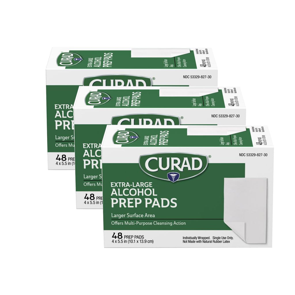 CURAD XL Alcohol Prep Pads, Extra Large 4” x 5.5”, 144 Sterile Isopropyl Alcohol Wipes Individually Wrapped, for First Aid, Cuts, and Scrapes, Large Size for Cleaning and Sanitizing, Pack of 3 Boxes