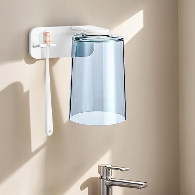 Toothbrush Organizer - Mouthwash Cup Set, Wall Mounted Toothbrush Storage, Bathroom Fixture with Compact Mount Design, Hygiene Rack for Home Apartment Dorm Office Hotel RV