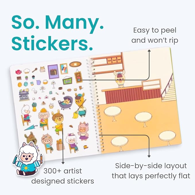 Cupkin Llama Sticker Book Activity for Kids, Toddler Airplane Travel Essentials, 300+ Llama Stickers for Kids + 12 Scenes + 12 Coloring Book Pages, Animal Lover Gift, Children's Crafts Ages 2-8