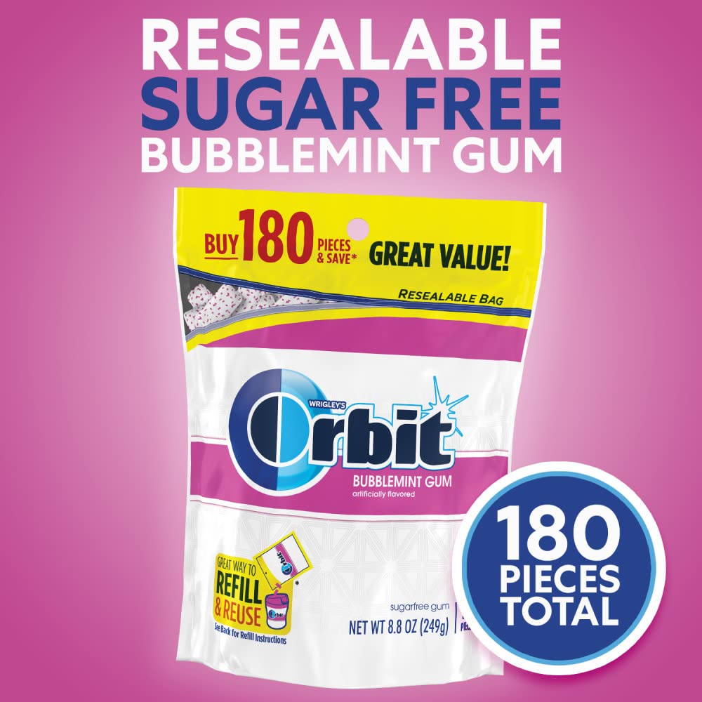 ORBIT Gum Bubblemint Sugar Free Chewing Gum Bulk, 180 Piece Resealable Bag, Bubble Gum Bulk