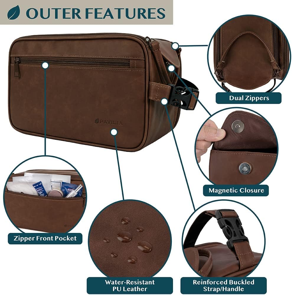 PAVILIA Toiletry Bag for Men, Travel Essentials Shaving Dopp Kit, Mens Travel Bag Toiletries Organizer Case for Grooming, PU Leather Water Resistant Cosmetic Bag Pouch (XL, Dark Brown)