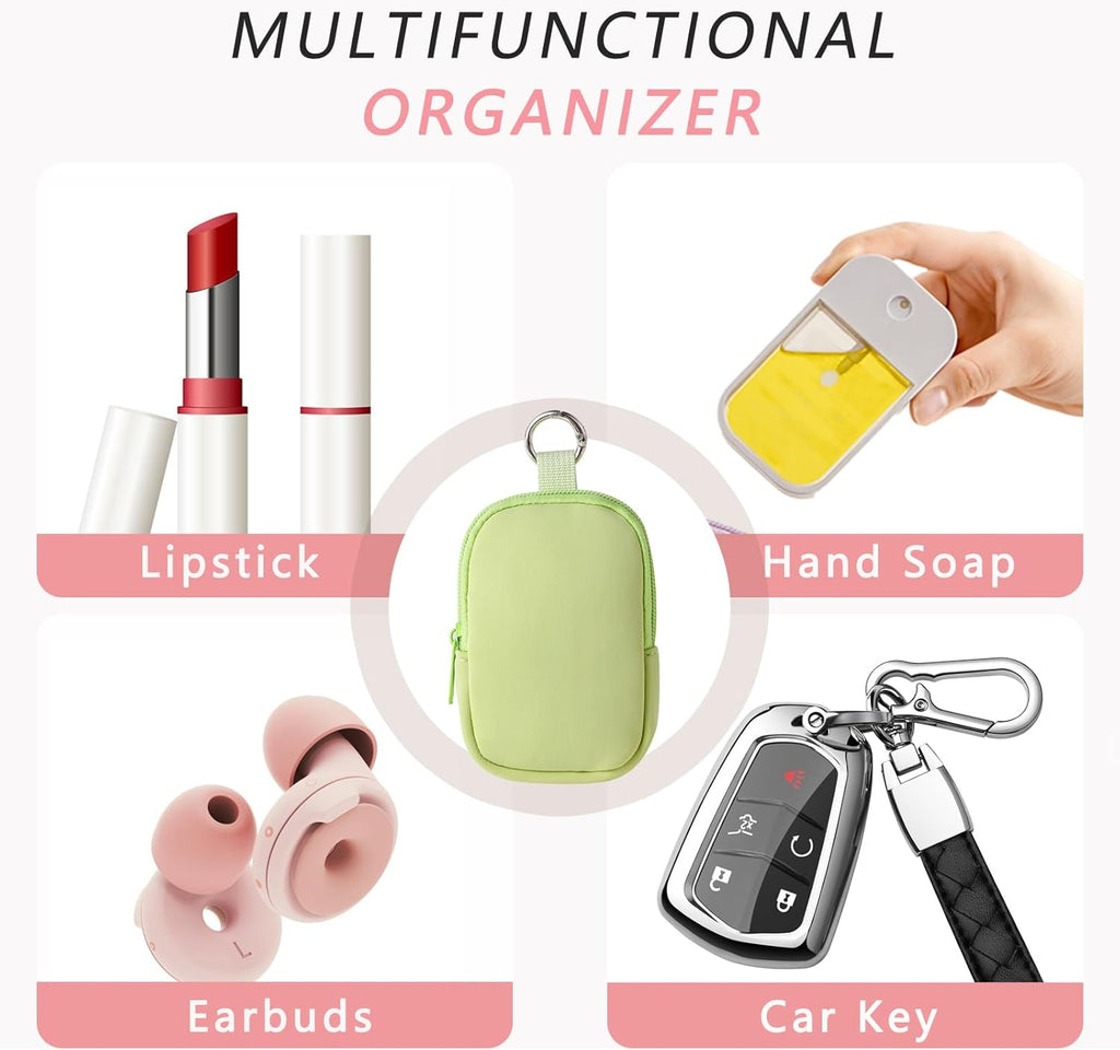 2Pcs Small Makeup Bag, Mini Portable Travel Cosmetic Bag, Soft Neoprene Makeup Pouch with Zipper, Fashion Accessory with Snap Hook, Cute Coin Purse Lipstick Cosmetic Travel Organizer(Black+ Green)