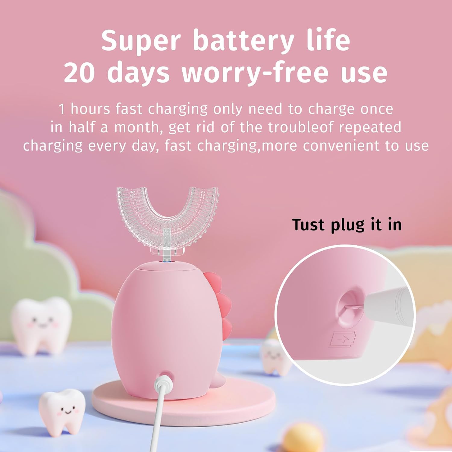 Kids U Shaped Electric Toothbrush，auto Sonic Baby Toothbrush，Cartoon Dinosaur 360-Degree Cleaning IPX7 Waterproof Design(8-15y, Pink)