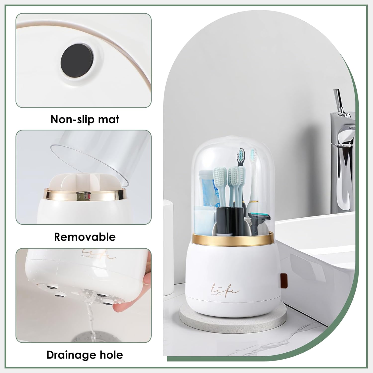 Toothbrush Holders for Bathrooms,Rotating 7-Slot with Cover and Draining Water,Kids Electric Toothbrush Holder and Toothpaste Stand Storage for Bathroom Accessories Counter Organizer Vanity