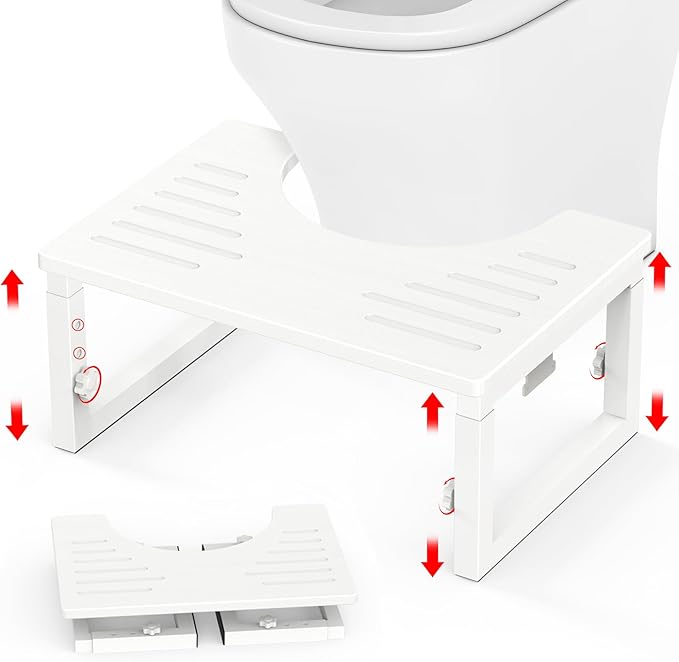 Bamboo Toilet Stool Foldable White, 7 in, 8 in Or 9 in Adjustable Height Pooping Stool Potty for Adults Kids, Sturdy Poop Step Stool for Bathroom, Non-Slip, Improve Squatting Posture, 500 lbs Capacity
