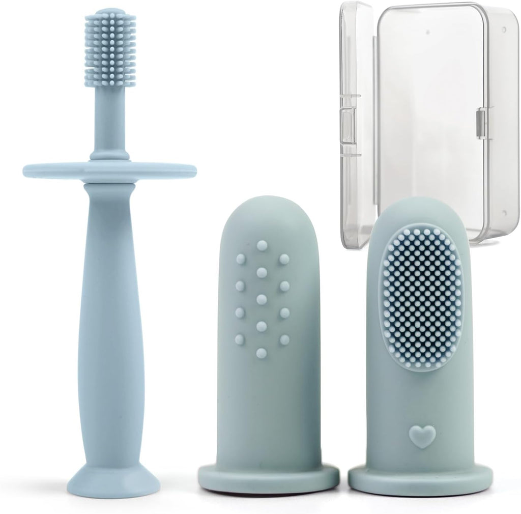BumbleBee 360° Silicone Toothbrush & Finger Toothbrush Set - Soft Silicone Toothbrush for Baby, Infant Toddler - Baby Training Toothbrush Set Oral Care Kit - Misty Blue