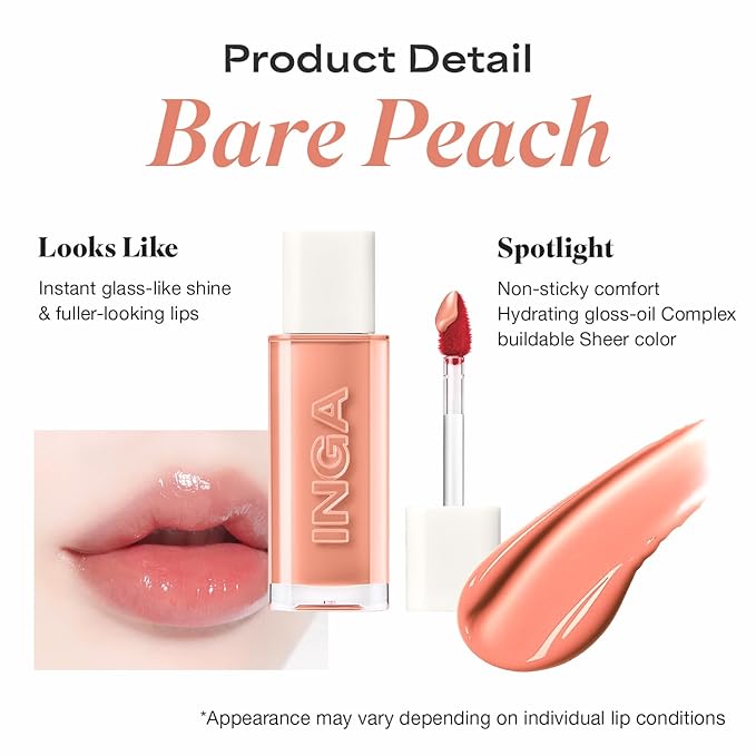 INGA Water Glow Lip Tint | Hydrating, Glossy Korean Lip Tint with Sheer Color & Glass-Like Shine | Long-Lasting, Non-Sticky Korean Lip Stain (BARE PEACH)