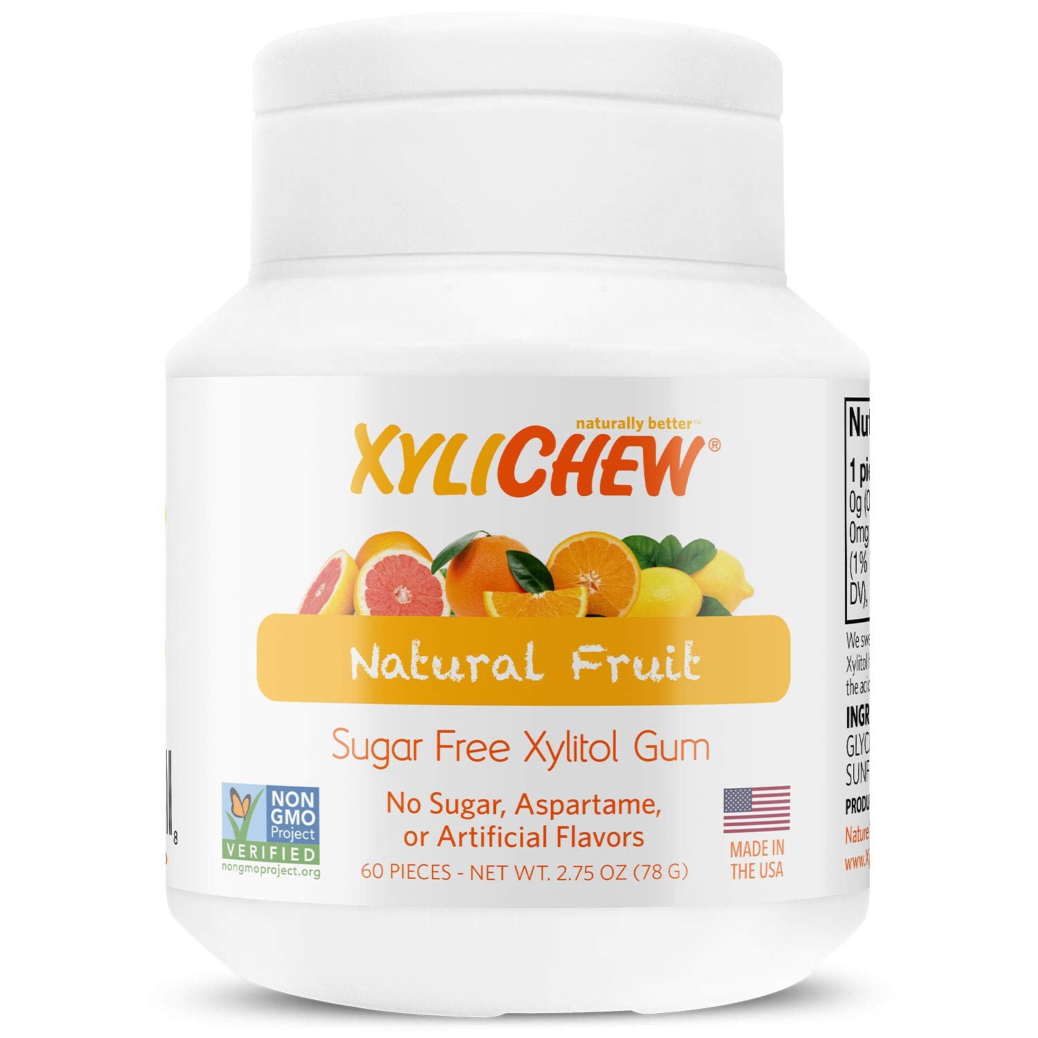 Xylichew 100% Xylitol Chewing Gum - Non GMO, Non Aspartame, Gluten Free, and Sugar Free Gum - Natural Oral Care, Relieves Bad Breath and Dry Mouth - Fruit,60 Count (Pack of 4), 240 Count