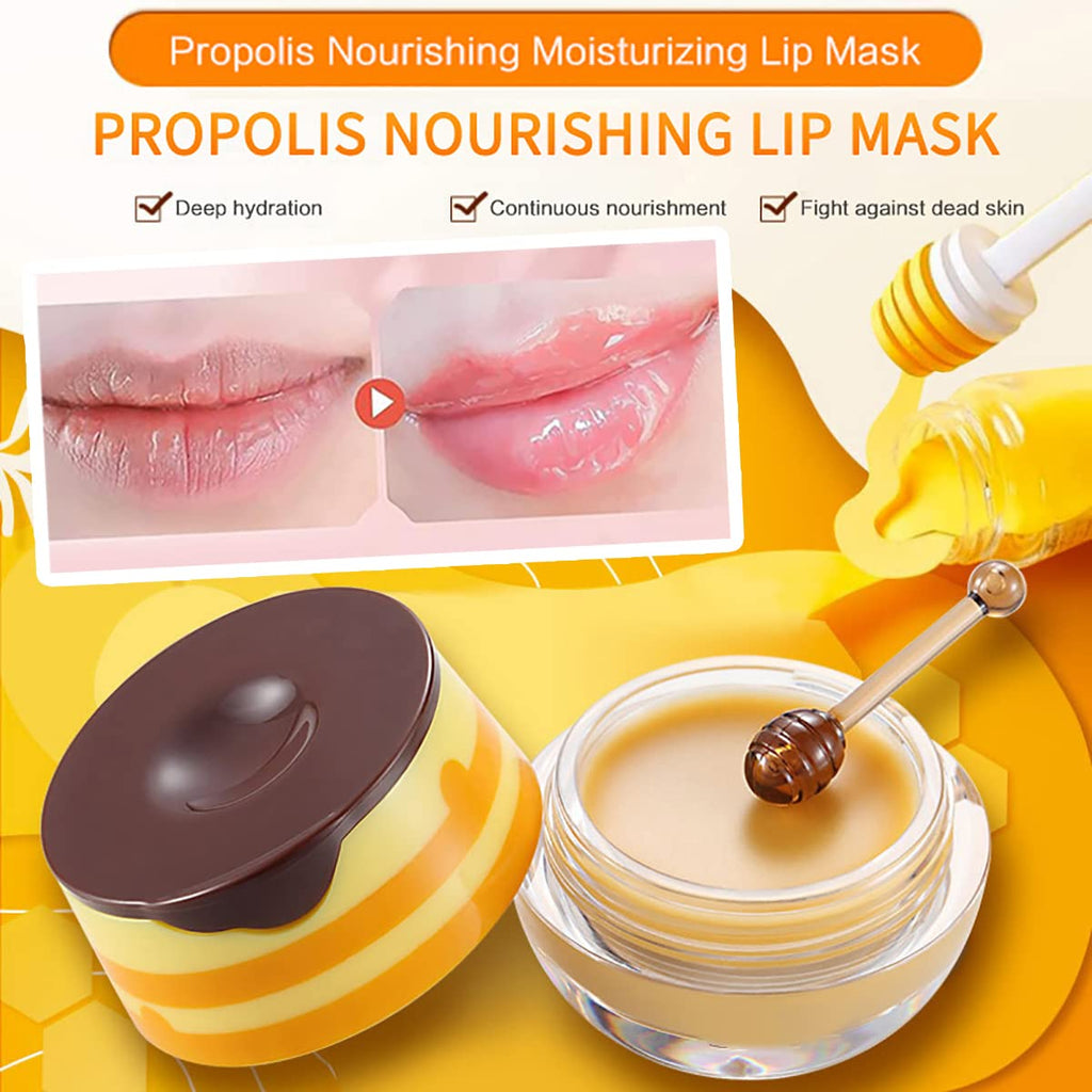 4PCS Strawberry & Bee Lip Balm Honey Pot, Vitamin E & Moisturizing Propolis Sleeping Lip Mask, Effective Reduces Lip Lines Prevention Dry and Cracked Scrubs Exfoliator Smoothing Dry Lip Care