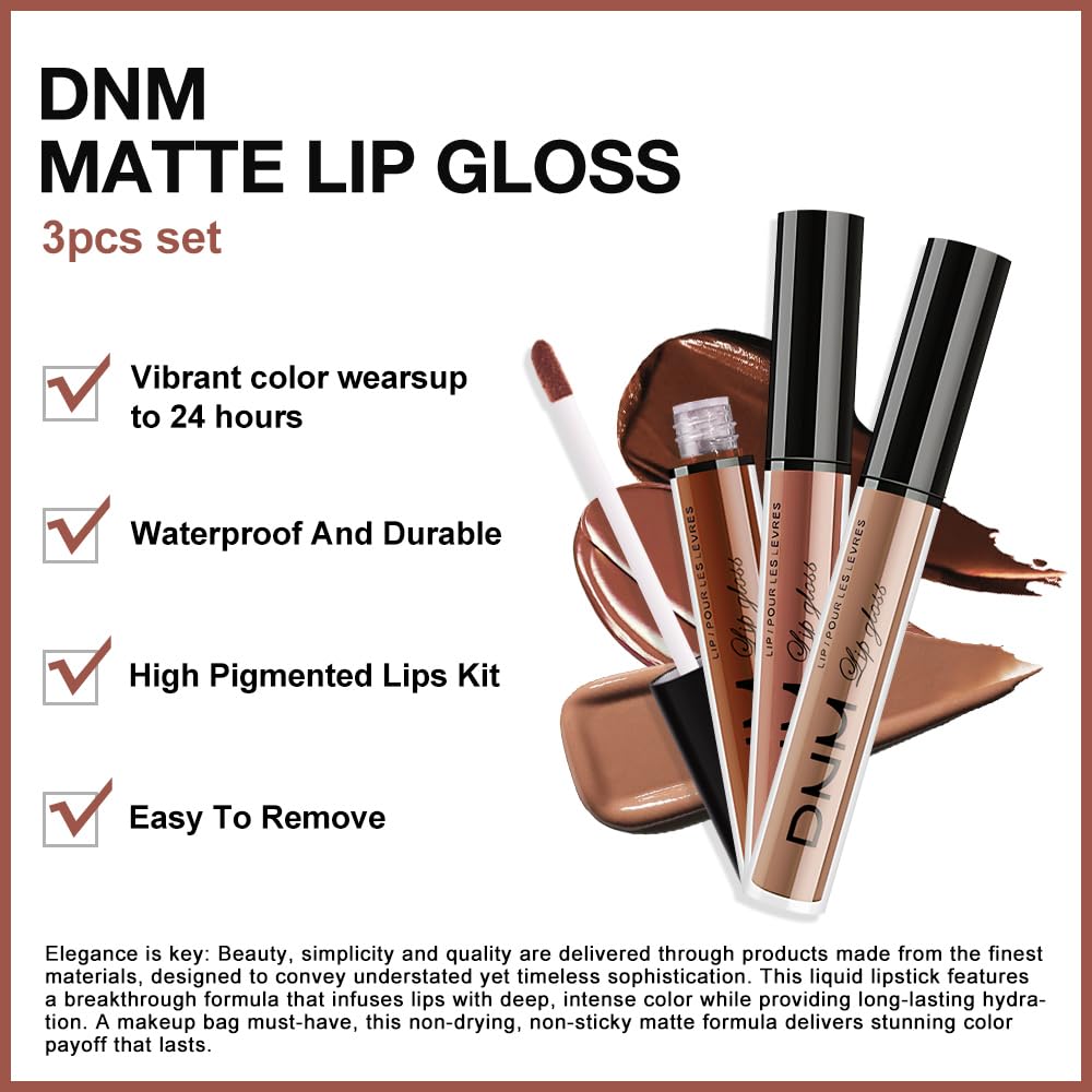 AMY'S DIARY 3Pcs Matte Liquid Lipstick Set, Dark Chocolate Brown Terracotta Brown Taupe Nude Lip Stain Kit, LipStain Long Lasting 24 Non-Transfer Lip Gloss, Waterproof Lip Makeup for Women Lippies