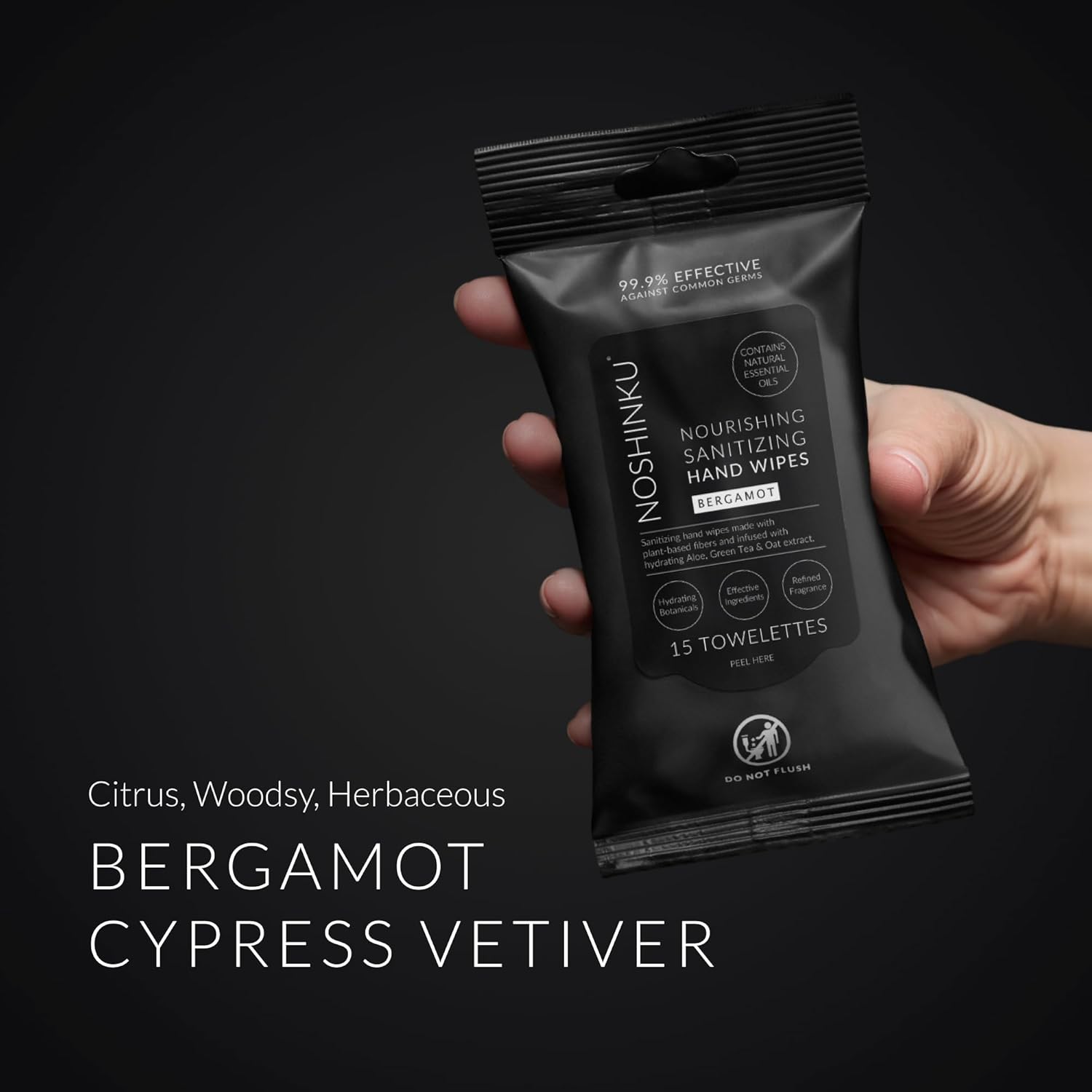 Noshinku – Bergamot Hand Sanitizer Wipes, 3-Pack (45 Towelettes) – Resealable Travel Wipes with Ethyl Alcohol, Aloe & Green Tea, Plant-Based Fiber, Essential Oil Scents, Cruelty-Free & No Dyes