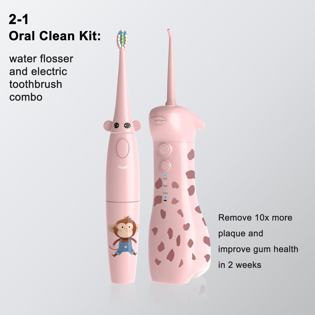 2-1 Kids Oral Clean Kit- Water Dental flosser & Electric Toothbrush Combo for Kids-Brushing & Flossing-Safe & Effective -Cute Giraffe and Monkey Theme