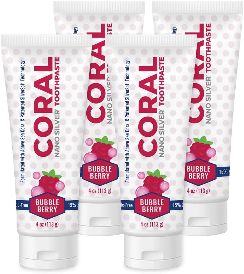 Coral Nano Silver Bubble Berry Kids Toothpaste, Natural Fluoride Free Teeth Whitening Toothpaste, Coral Calcium Nano Silver Infused SLS Free - 4 Ounces (4 Pack)