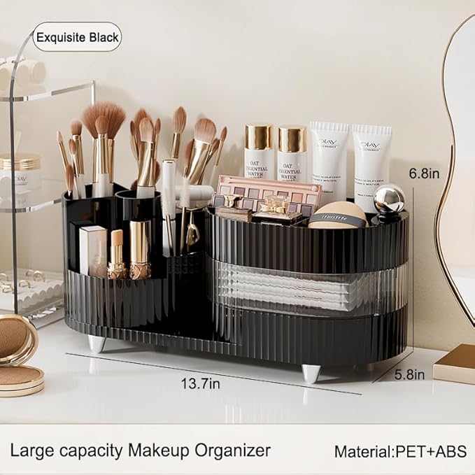 Rotating Vanity Organizer with Brush Holder and Drawer, 3 Layer Cosmetic Skincare Storage, Large Countertop Makeup Perfume & Lotions Display Case (Black)