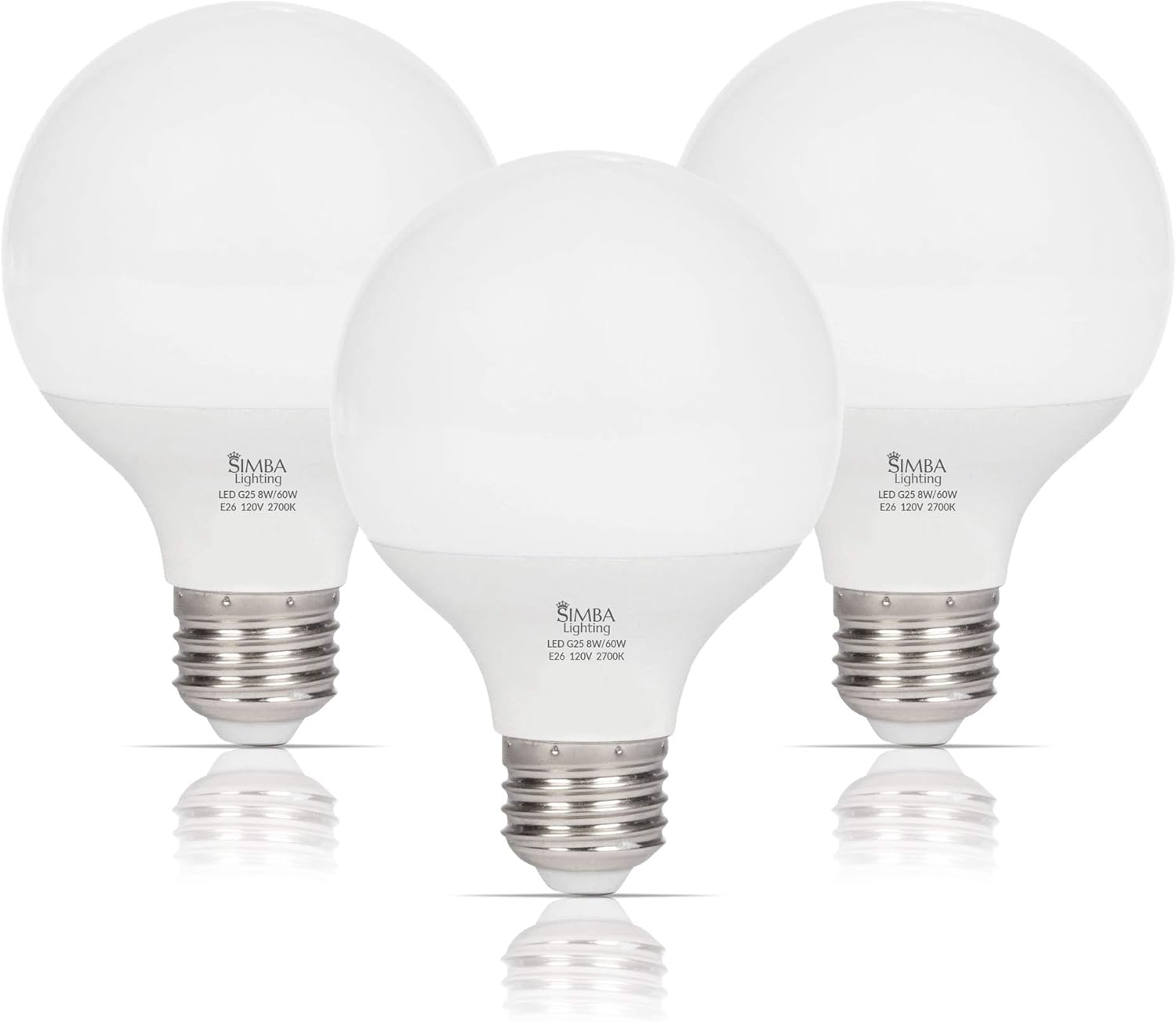 Simba Lighting LED Vanity Globe G25 (G80) Light Bulb for Bathroom, Makeup Mirror | Decorative White Frosted Cover, 8W, 60W Equivalent, 120V, Standard E26 Medium Base, Warm White 2700K, Pack of 3