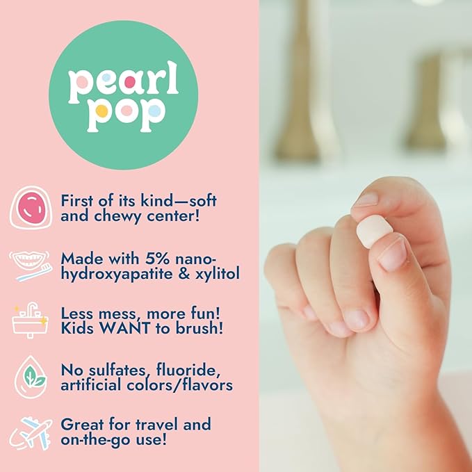 Toothpaste Pearls, Chewy Fluoride Free Toothpaste for Kids, Made with Nano Hydroxyapatite & Xylitol, Foam Free, Mess-Free Travel Tooth Paste, Bubble Gum, 65 Count