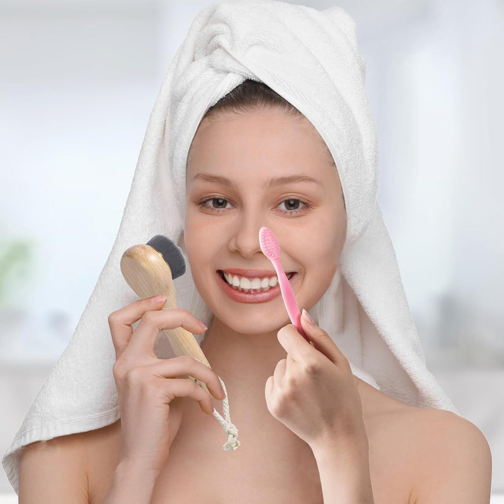 Face Scrubber with Wooden Handle, Manual Facial Cleansing Brushes for Deep Pore Cleansing, Soft Bamboo Charcoal Fiber Exfoliating Face Wash Brush and Silicone Lip Scrubber for Face Care, Black