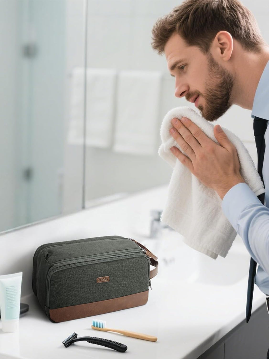WANDF Toiletry Bag for Men Travel Toiletry Organizer Canvas and Leather Dopp Kit Water-Resistant Shaving Bag for Travel Accessories (Green, Large)