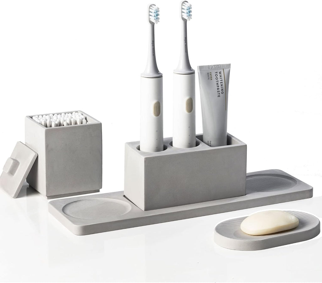 Bathroom Accessory Set Grey, Diatomite, Bathroom Accessories Countertop Complete with Electric Toothbrush Holders, Soap Dish Set
