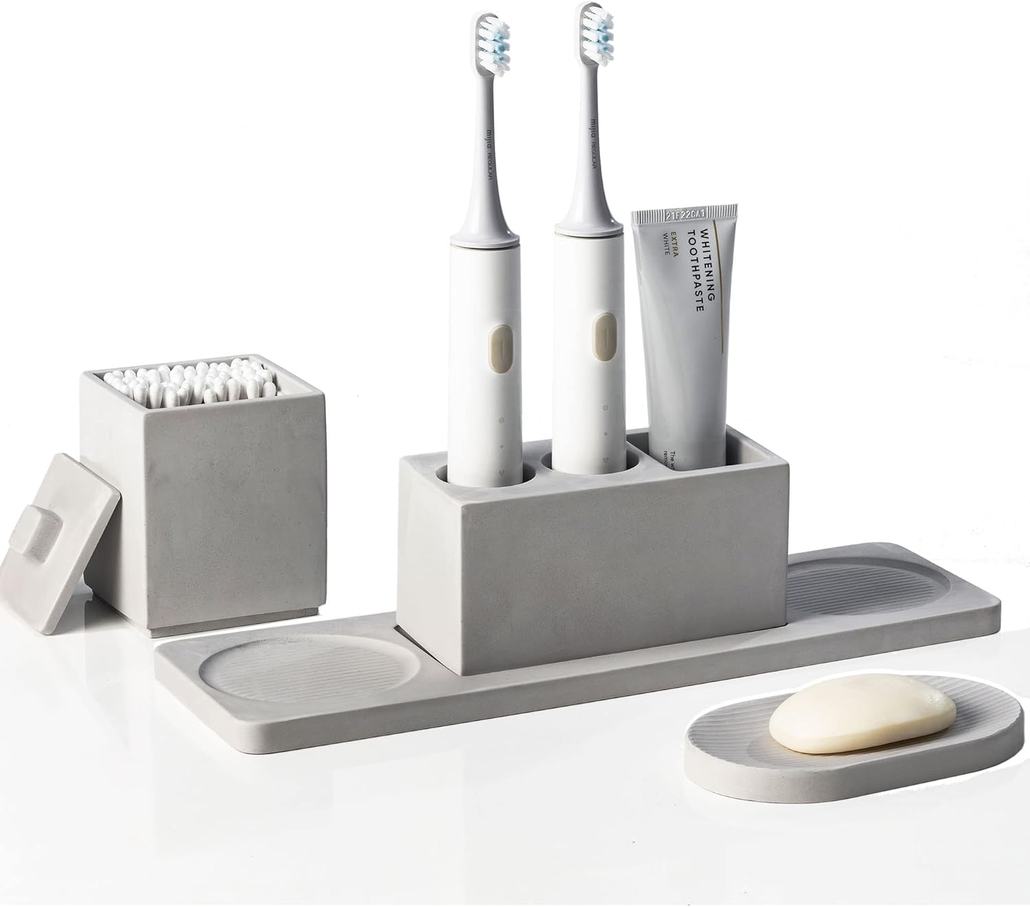 Bathroom Accessory Set Grey, Diatomite, Bathroom Accessories Countertop Complete with Electric Toothbrush Holders, Soap Dish Set