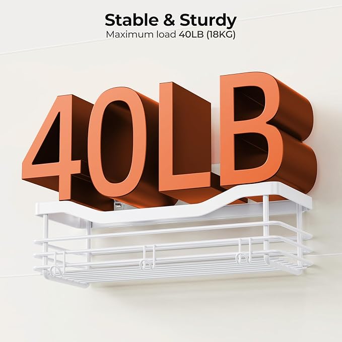 Orimade Shower Caddy Basket Shelf Storage Rack, No Drilling Wall Mounted Adhesive Rust Proof Stainless Steel Shower Organizer with 5 Hooks for Bathroom, White 2 Pack