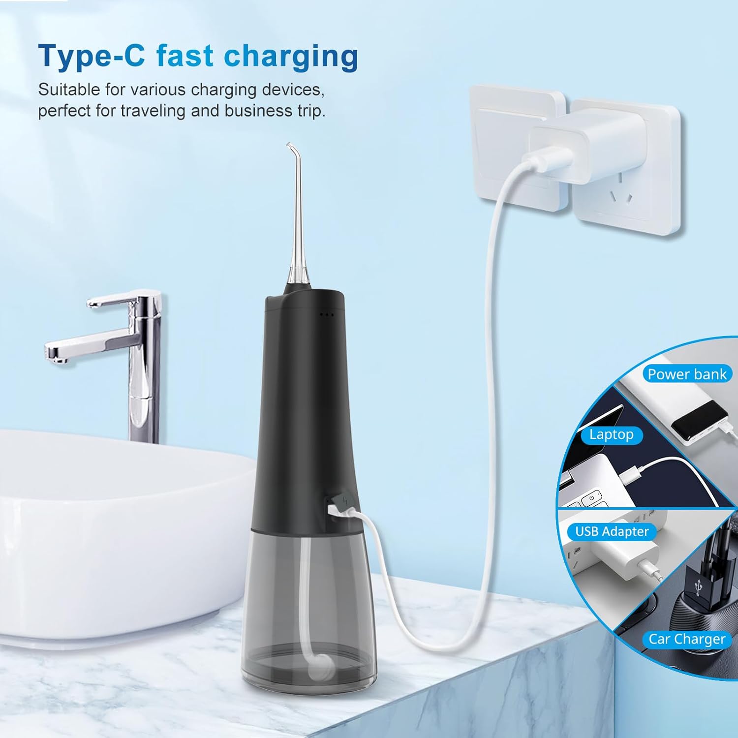 Water Dental Flosser Oral irrigator,JNGOODS 300ml Rechargeable Water flosser for Teeth IPX7 Waterproof 9 Modes Portable Oral Irrigator. LED Display with 4 Jet Tips, Travel Home use (Black)