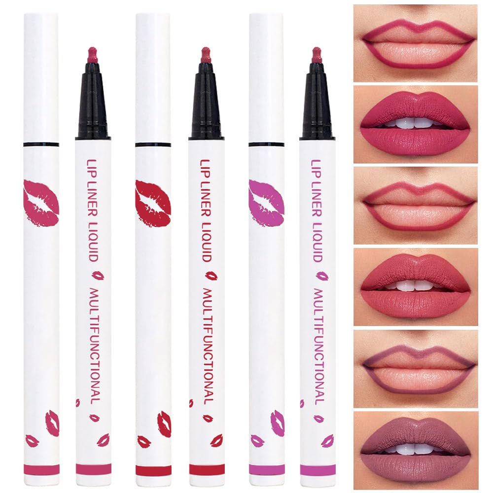 Kaely 3Pcs Pink Rose Pink Orchid Longwear Liquid Lip Liner Waterproof, 24 Hour Long Lasting Lip Liner Stain Marker Pen, 2-in-1 Matte Semi Permanent Lipliner & Lipstick, 02+04+08