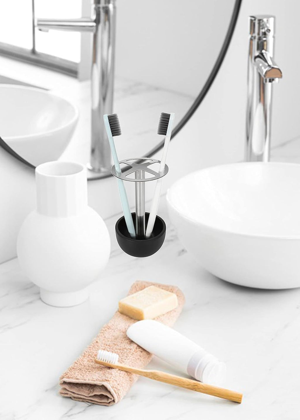 CozyCabin Toothbrush Holder Stand, for Razor, Bathroom Vanity Countertop, Stainless Steel Toothbrush Bathroom Organizer (Black)