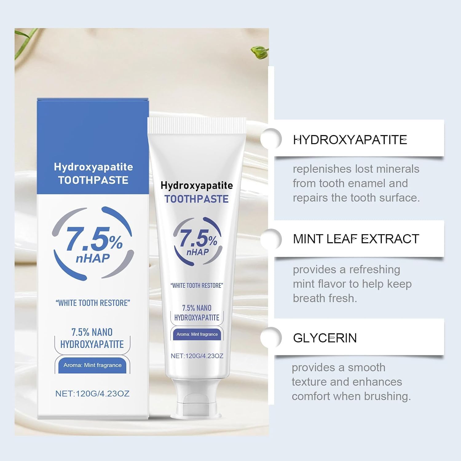 HydroxyapatiteToothpastes,7.5% hydroxyapatite Toothpaste,for Enamel Protection and Tooth Strengthening, Gentle Mint, Fresh Breath, Daily Use for Oral Health（2pcs）