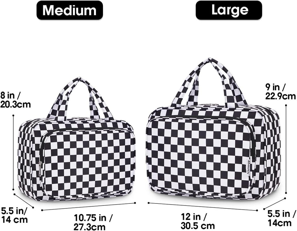 Narwey Travel Toiletry Bag for Women Large Hanging Makeup Bag Organizer Toiletries Bag for Full Size Essentials Accessories Cosmetics (Black Checkerboard (Large))